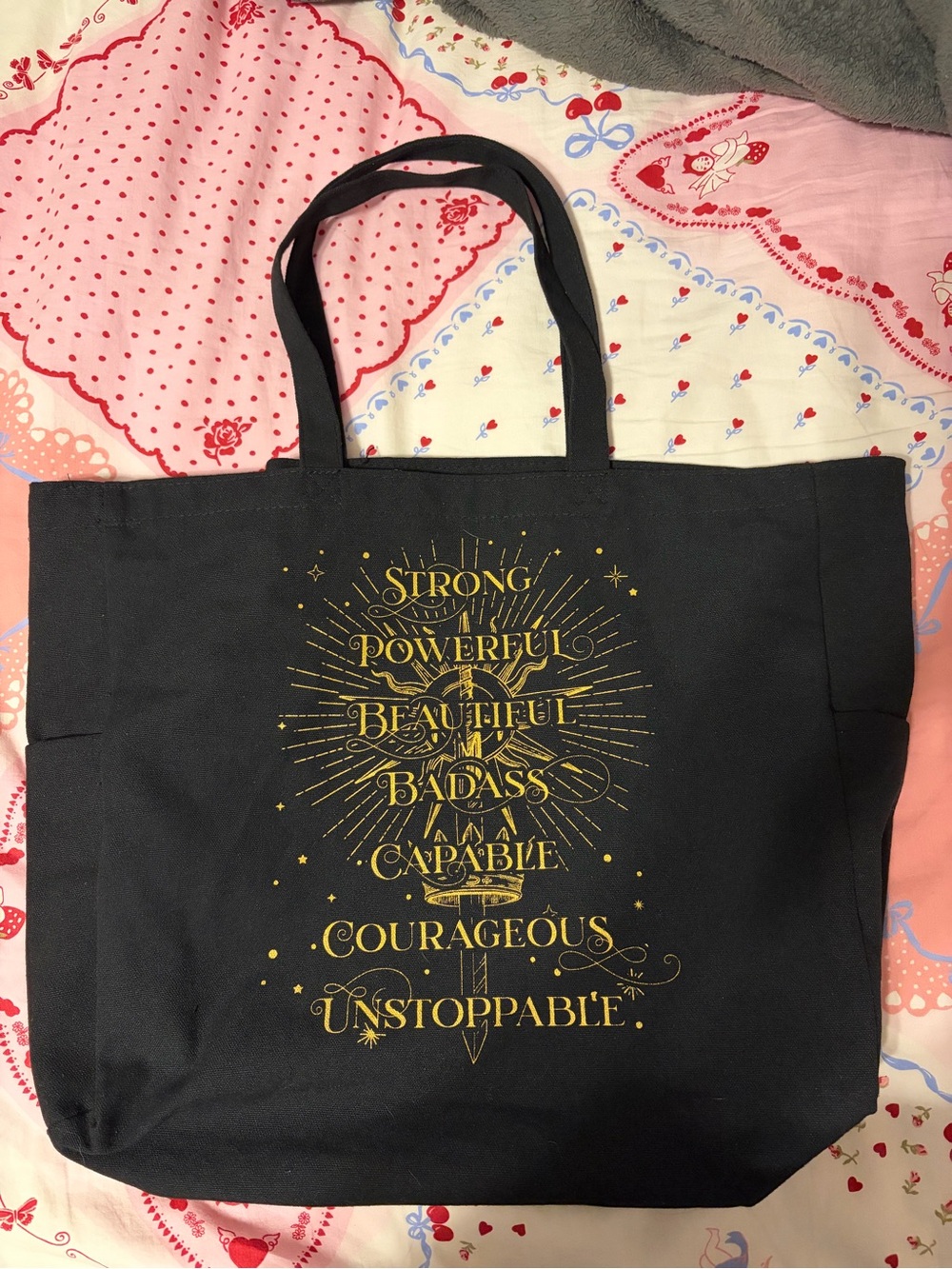 Black Inspirational Canvas Tote Bag with Gold Typography